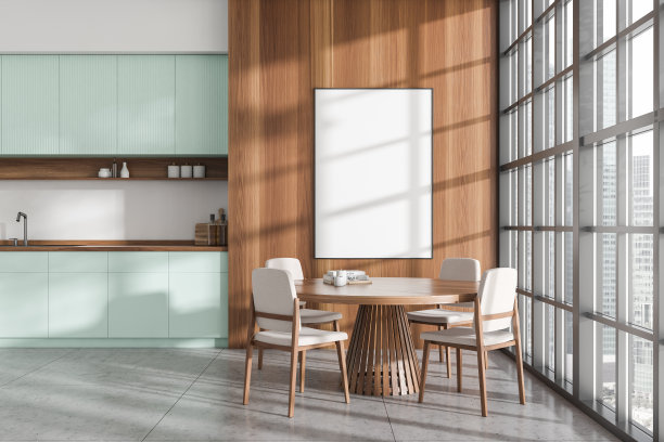 时尚的厨房内部与用餐区和全景窗。模型框架图片下载