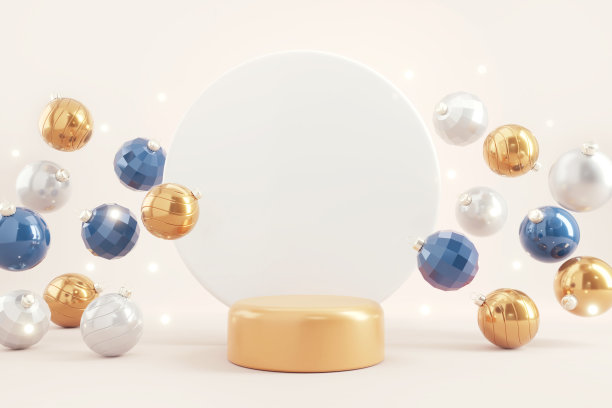 舞台讲台与金色和蓝色圣诞小球装饰浅黄色的背景。祝你圣诞快乐，新年快乐。图片下载