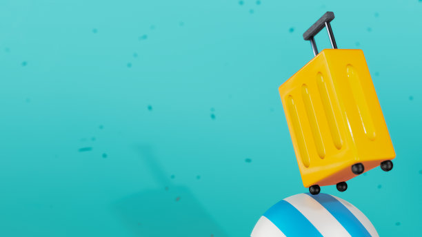 旅行和冒险的概念。沙滩球上的手提箱抽象3d插图图片下载