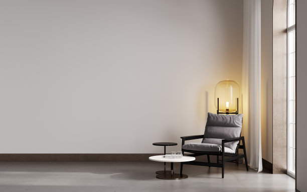 房间有米色墙壁和混凝土地板，配有灰色现代扶手椅。明亮的房间内部模型。空房间做模型。3 d渲染。图片下载