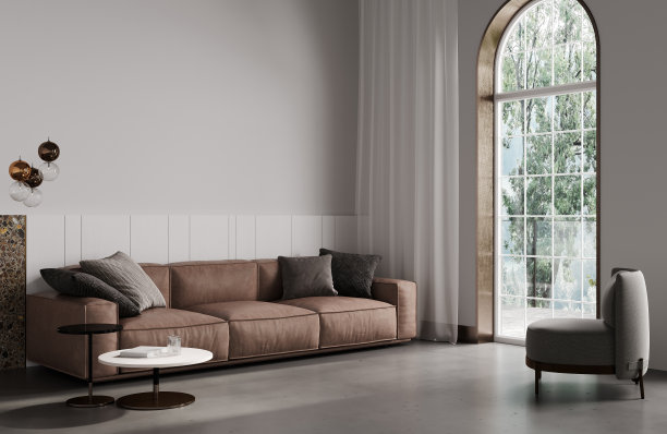 现代米色内饰与现代家具，3d渲染图片下载