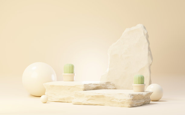 3d模拟棕色奶油讲台与仙人掌和沙子沙漠迷你主题。用于产品和化妆品展示的台座。抽象多彩的广告场景。推销的背景。图片下载