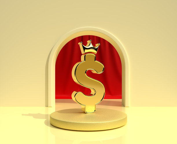货币单位“王美元”的3D渲染在金色的讲台与红色的窗帘。汇率比较的概念。图片下载