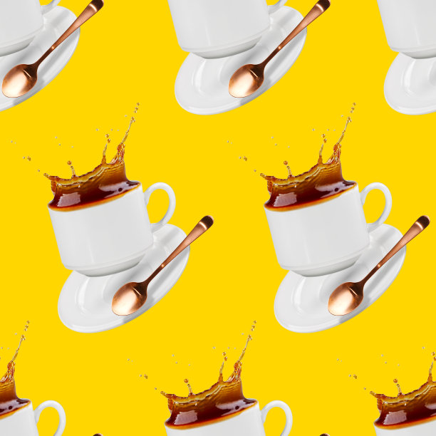 白色背景上的无缝图案，落下的咖啡杯，飞溅的咖啡，咖啡馆的横幅图片下载