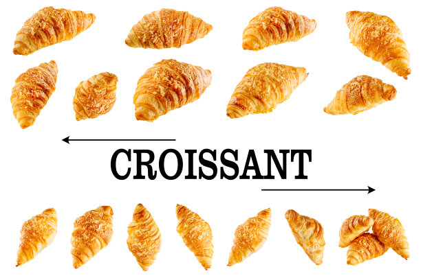 新鲜的羊角面包，白色的背景上孤立的奶酪。图片下载