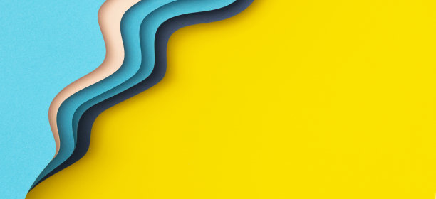 抽象彩纸几何平面构图与蓝色，粉红色的颜色线和形状在黄色的背景，俯视图，复制空间图片下载