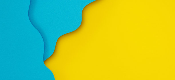 抽象创意彩纸几何构图旗帜背景在明亮的黄色和浅蓝色的曲线线图片下载