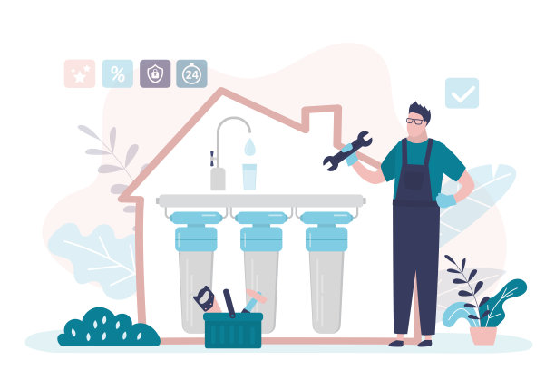 水管工在室内安装净水系统。男性专业人员，有工具，从事液体过滤器的维护。家庭滤水装置服务。图片下载