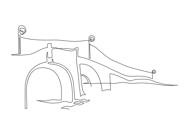 河上中世纪风格的坚固石桥。桥上的灯笼。连续的线条画。矢量插图。图片下载