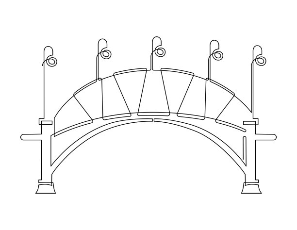 河上中世纪风格的镂空金属桥。桥上的灯笼..连续的线条画。矢量插图。图片下载