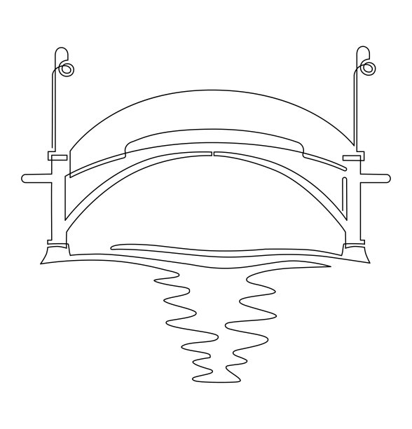 河上中世纪风格的坚固石桥。桥上的灯笼。连续的线条画。矢量插图。图片下载