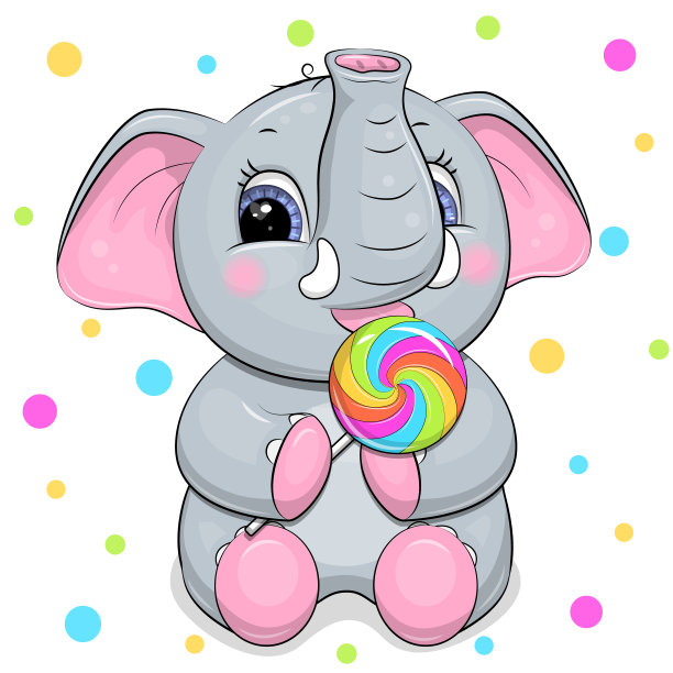 可爱的卡通大象吃糖果。图片下载