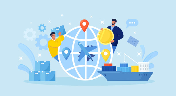 国际交易，全球业务。多样性、全球化和协作。国际贸易关系，船舶或飞机的商业货物运输。男人在世界各地销售商品图片下载