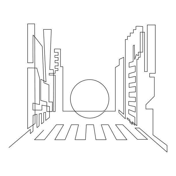 大城市与摩天大楼。马路两旁高楼林立。日出、日落或月亮。连续的线条画。矢量插图。图片下载