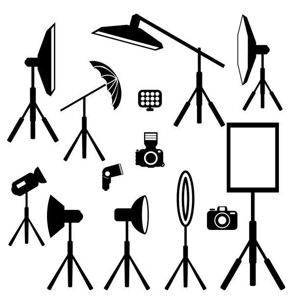 闪光灯装置为摄影师，照片的闪光灯图标和符号。摄影师闪光灯套装，照片灯设备插图图片下载