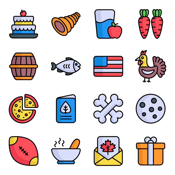 感恩节彩色轮廓矢量图标集。现代彩色轮廓向量符号。传统节日元素的集合。图片下载