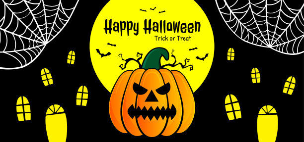 万圣节的背景与南瓜，蝙蝠，蜘蛛网和窗户与黄色的灯在黑色的背景图片下载