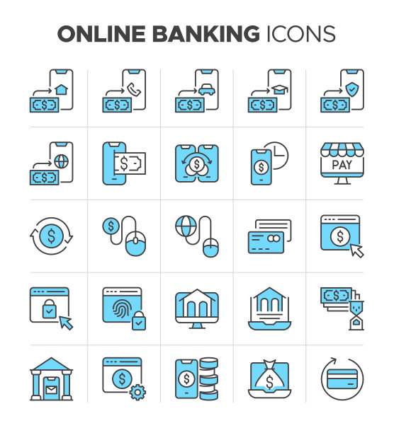 网上银行图标设置容易着色。网上银行，网上银行，支票，信用卡推车，汇款，汇票，汇款等符号图片下载