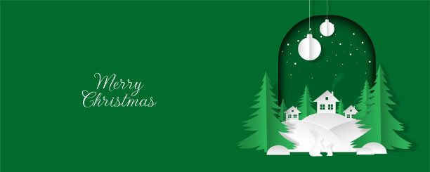 圣诞快乐绿色横幅，剪纸插画图片下载