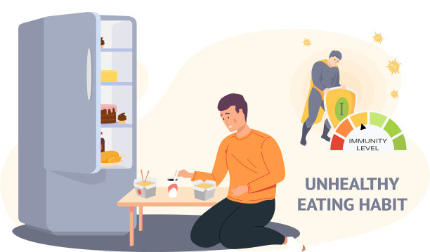 男人吃面条喝苏打水。吃垃圾食品。由于营养不良，免疫水平下降图片下载