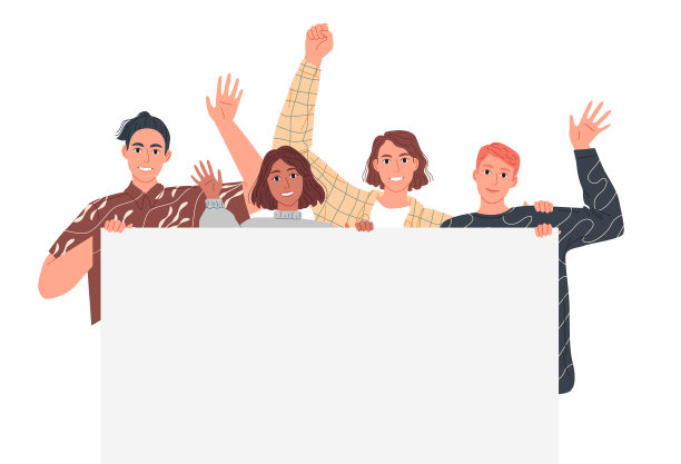 人们举着大横幅，挥舞着双手欢迎。图片下载