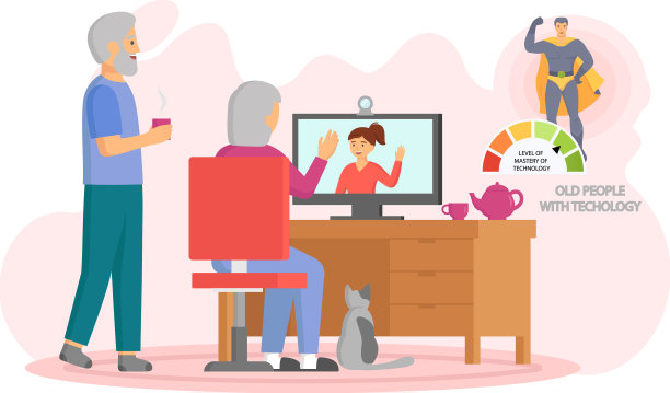 年迈的父母坐在电脑前和女儿聊天。透过互联网进行网上交流图片下载