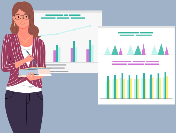 女商人站在拿着图表的屏幕前。Man对统计数据图进行分析图片下载