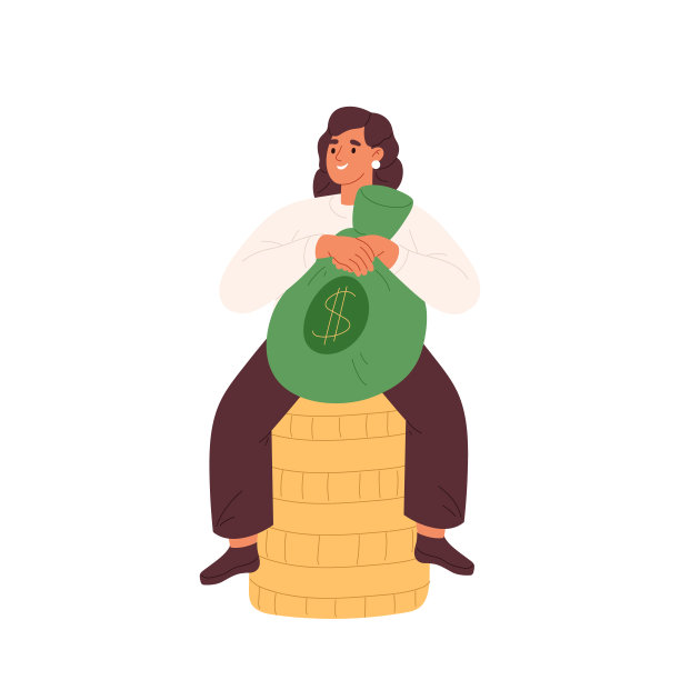 快乐的富婆抱着钱袋坐在一堆金币上。有现金储蓄的百万富翁女性图片下载