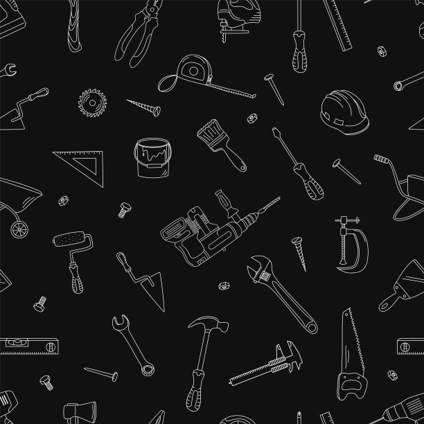 无缝模式与建筑元素。轮廓矢量插图在涂鸦风格。施工工具。图片下载