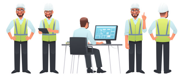 戴着头盔和信号背心的建筑工程师。不同姿势和动作的工人。福曼带着平板电脑，在桌面，后视图图片下载