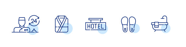 5酒店图标。24小时接待，游泳衣，酒店招牌，拖鞋和浴盆。像素完美，可编辑的笔画线图片下载