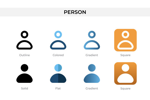 不同风格的人物图标。人物矢量图标设计有轮廓、纯色、彩色、渐变和平面风格。符号、图标说明。矢量图图片下载