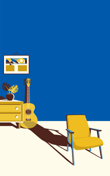 舒适的房间在时髦的蓝色和黄色。室内设计图片下载