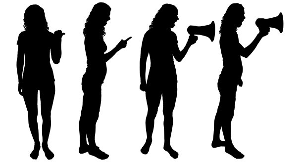 矢量剪影的四名妇女谁是大喊喇叭和指向某人的手指图片下载
