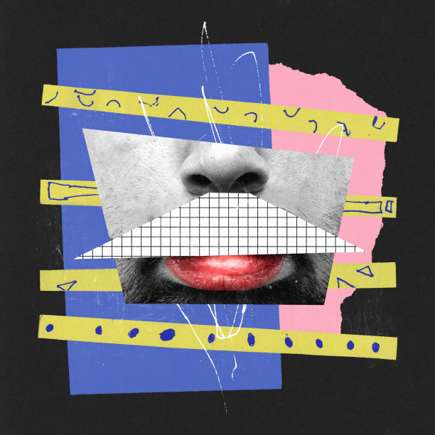 当代艺术拼贴。创造性的明亮的设计。男性面部部分镶嵌元素。有趣的情感图片下载