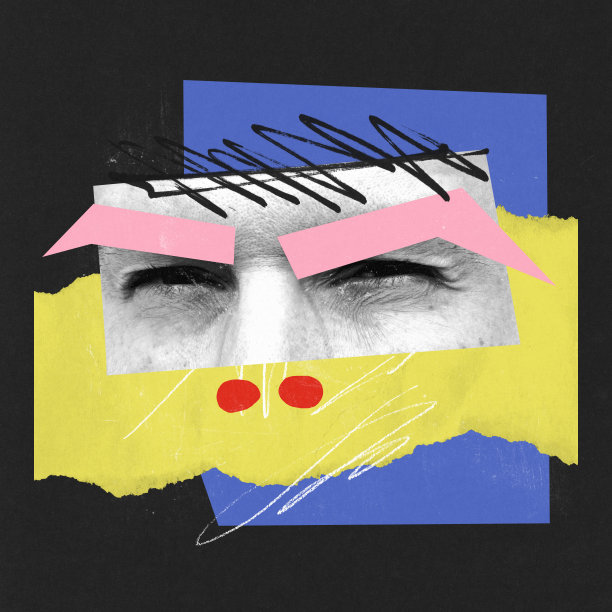 当代艺术拼贴。创造性的明亮的设计。男性面部部分，眼神表示怀疑和不信任图片下载