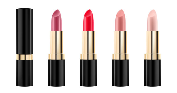 一套彩色口红。红色，粉色，橙色，裸色口红模型。3 d现实的包装。嘴唇装饰用化妆品。容器的空白模板。矢量插图孤立在白色上图片下载