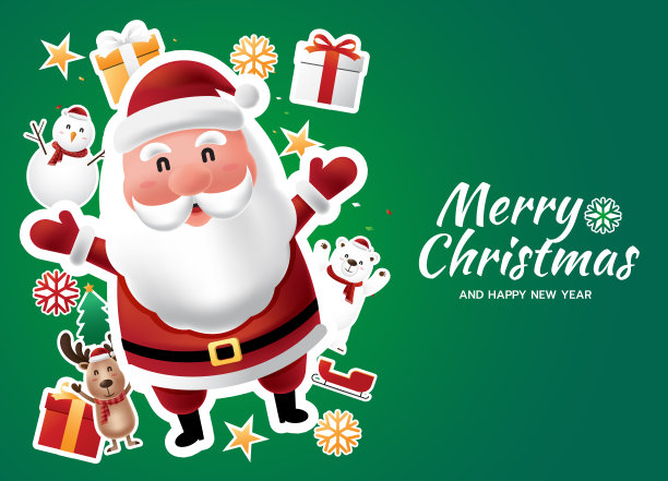 圣诞老人和绿色背景的礼品盒图片下载