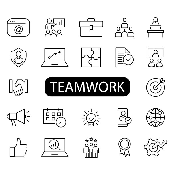一套大纲图标，关于团队合作，业务。简单的黑色符号集合。图片下载