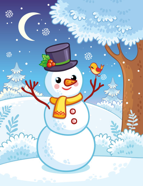 卡通风格的以雪景为背景的雪人圣诞卡。新年插图图片下载