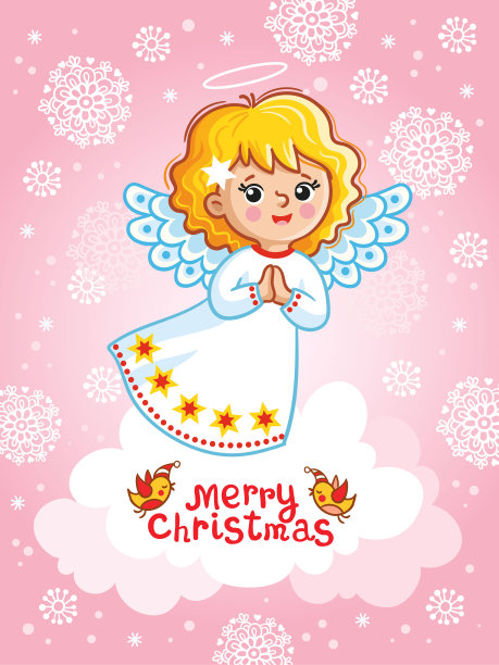 可爱的天使在粉红色的背景与雪花。卡通风格的矢量新年卡片图片下载