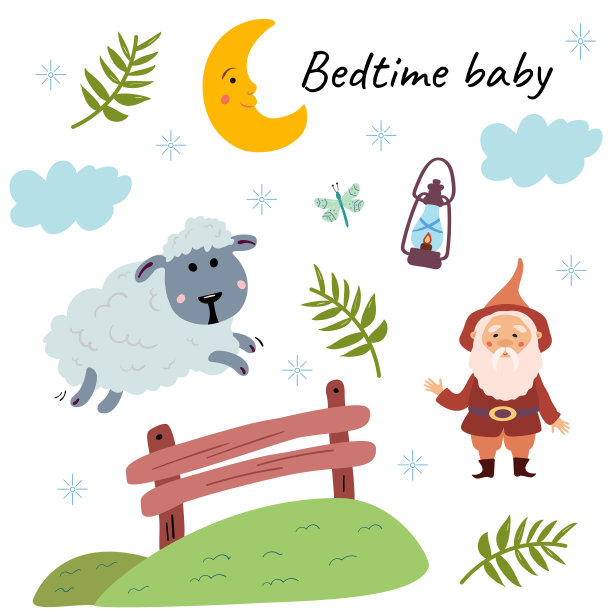 可爱的小绵羊跳过栅栏，神奇的小矮人做甜蜜的梦。睡前婴儿矢量插图矢量图片下载