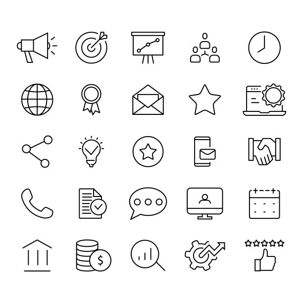 关于营销过程，财务的一套大纲图标。简单的黑色符号集合。矢量插图。每股收益10图片下载