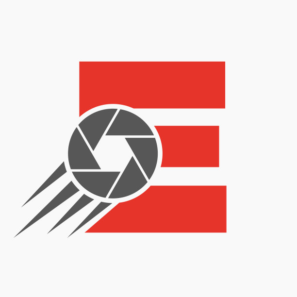 字母E摄影标志相机镜头概念。摄影相机符号向量模板图片下载