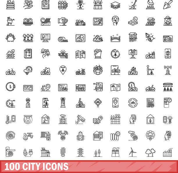 100个城市图标设置轮廓风格图片下载