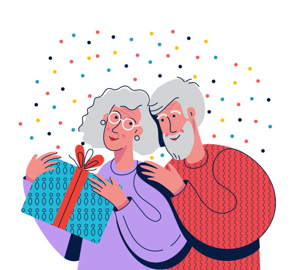 幸福的老年夫妇拥抱。年迈的夫妻带着礼物。老男人和老女人的可爱场景。生日，妇女节，情人节，节日活动祝贺和惊喜人物图片下载