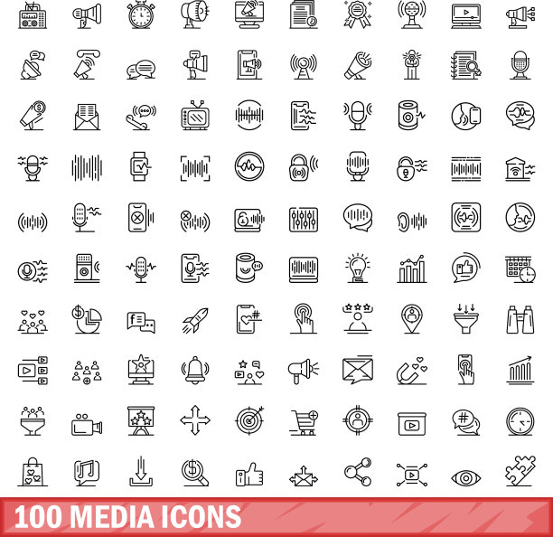 100个线性风格媒体图标集图片下载