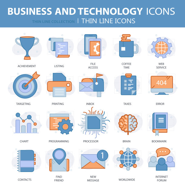 商业和市场营销，编程，数据管理，互联网连接，社交网络，计算，信息。细线蓝色图标设置。平面向量插图图片下载