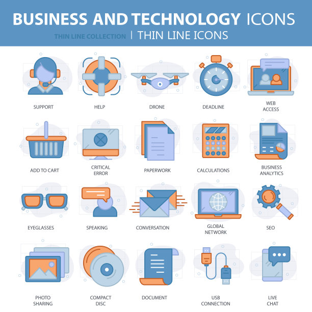 商业和市场营销，编程，数据管理，互联网连接，社交网络，计算，信息。细线蓝色图标设置。平面向量插图图片下载