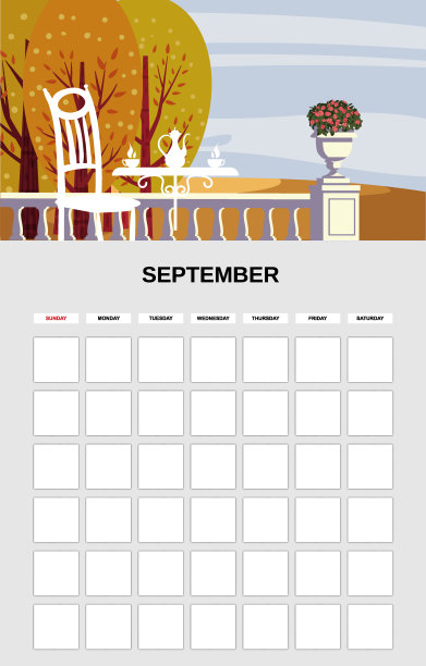 九月日历计划月。极简的景观自然背景秋天。日记业务每月模板。向量孤立图片下载